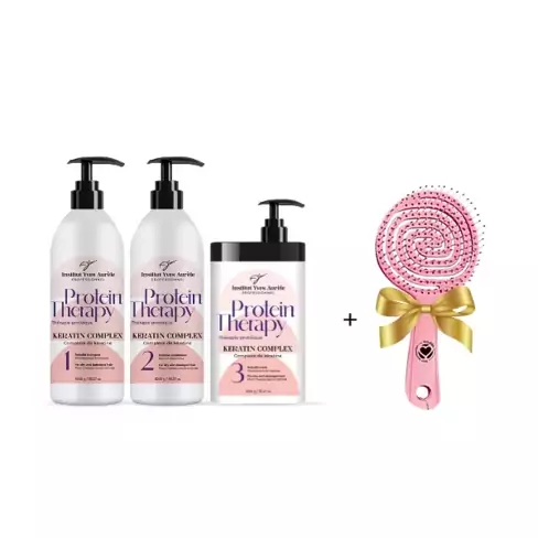 Dreifach starke Proteintherapie für das Haar: Shampoo (1000 g), Conditioner (1000 g) und Feuchtigkeitsspender (1000 g) + Glättungsbürste als Geschenk