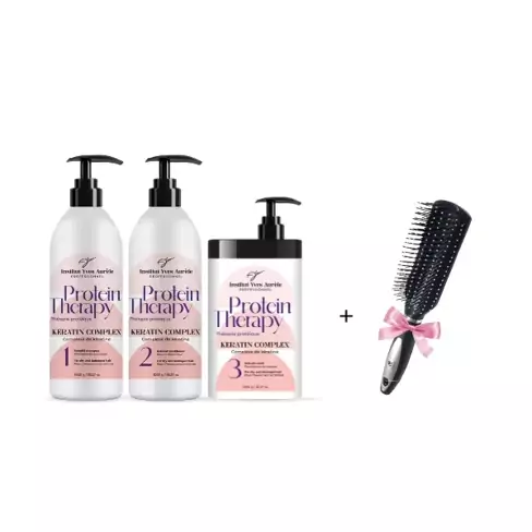 Dreifach starke Proteintherapie für das Haar: Shampoo (1000 g), Conditioner (1000 g) und Feuchtigkeitsspender (1000 g) + Glättungsbürste als Geschenk